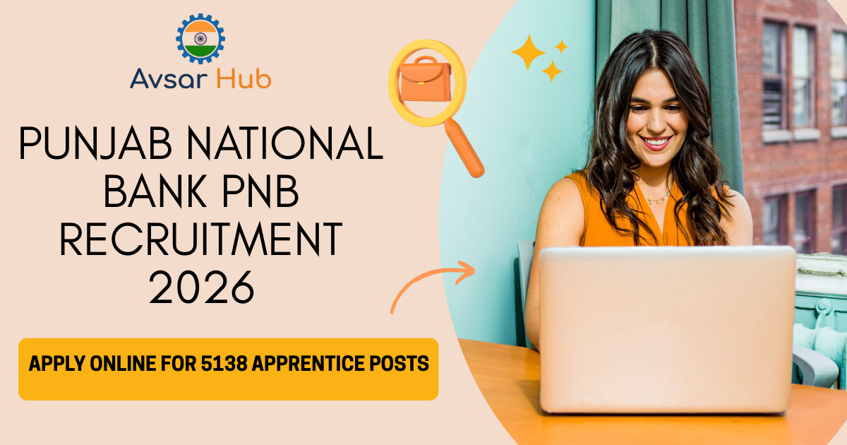 Punjab National Bank PNB Recruitment 2026 banner showing a woman applying online for 5138 apprentice posts on a laptop